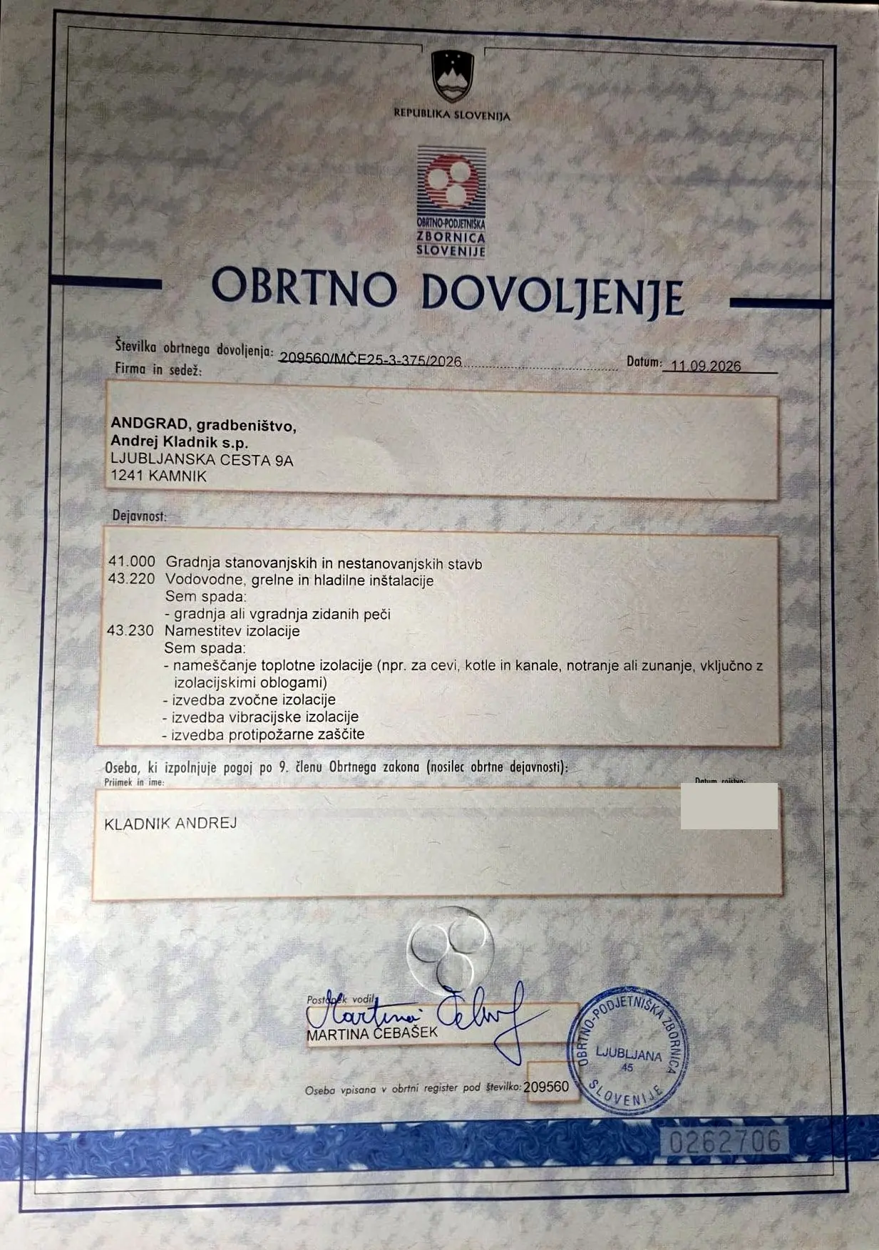Obrtno dovoljenje OZS za ANDGRAD — prva stran
