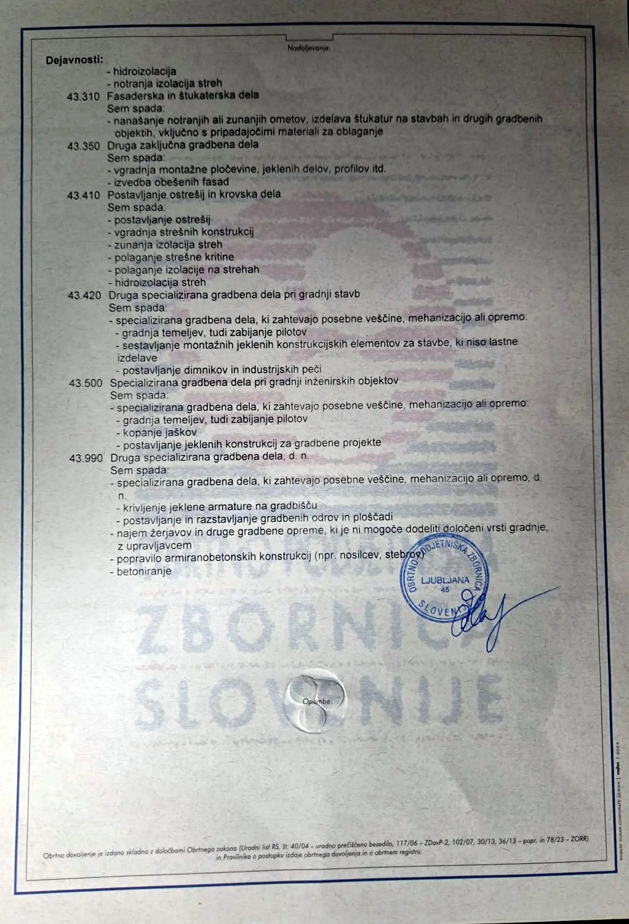 Obrtno dovoljenje OZS za ANDGRAD — druga stran z dejavnostmi